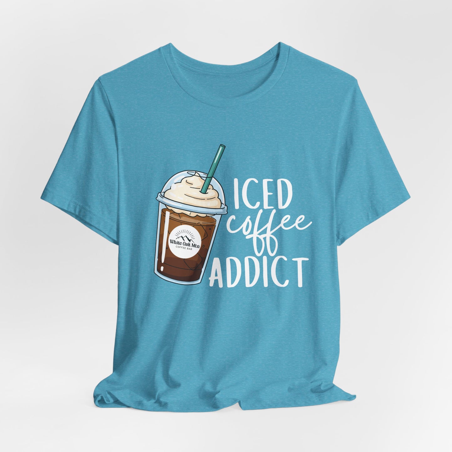 Aqua Heather Iced Coffee Addict Tee Front - White Oak Mountain Coffee Roaster