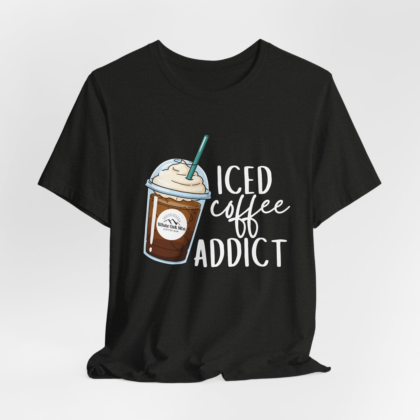 Black Heather Iced Coffee Addict Tee Front - White Oak Mountain Coffee Roaster