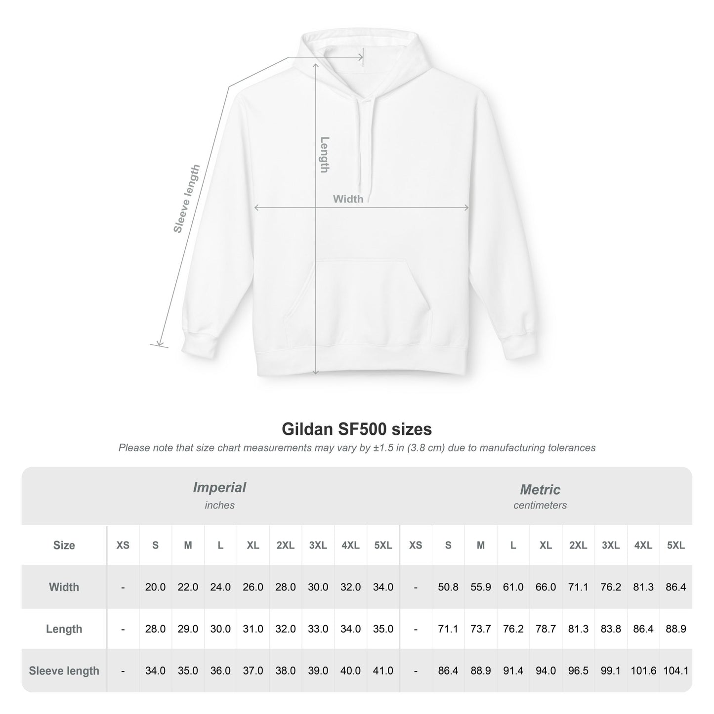 Classic Pullover Hoodie Size Chart