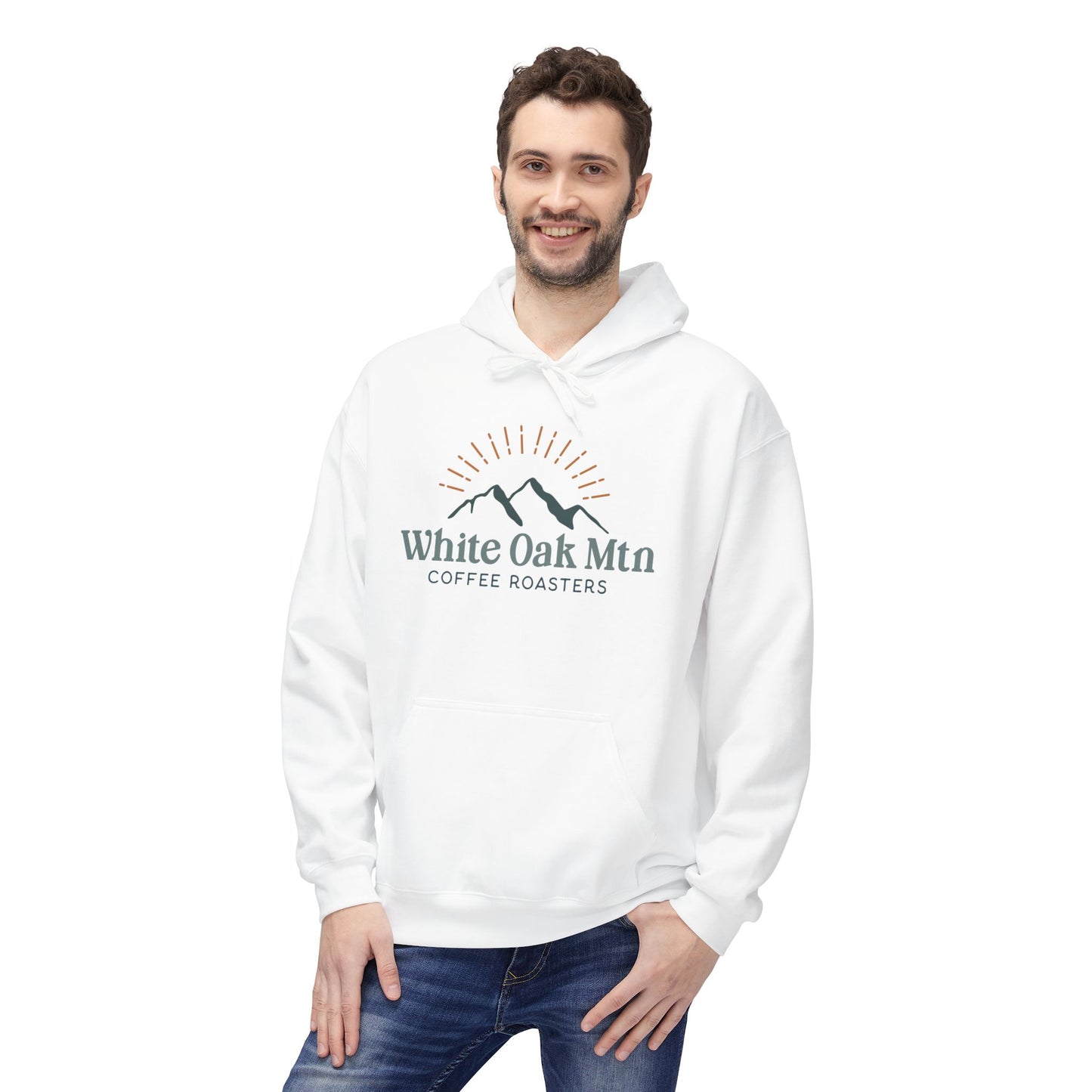 Classic Pullover Hoodie Size Chart {White} Model - White Oak Mountain Coffee Roasters
