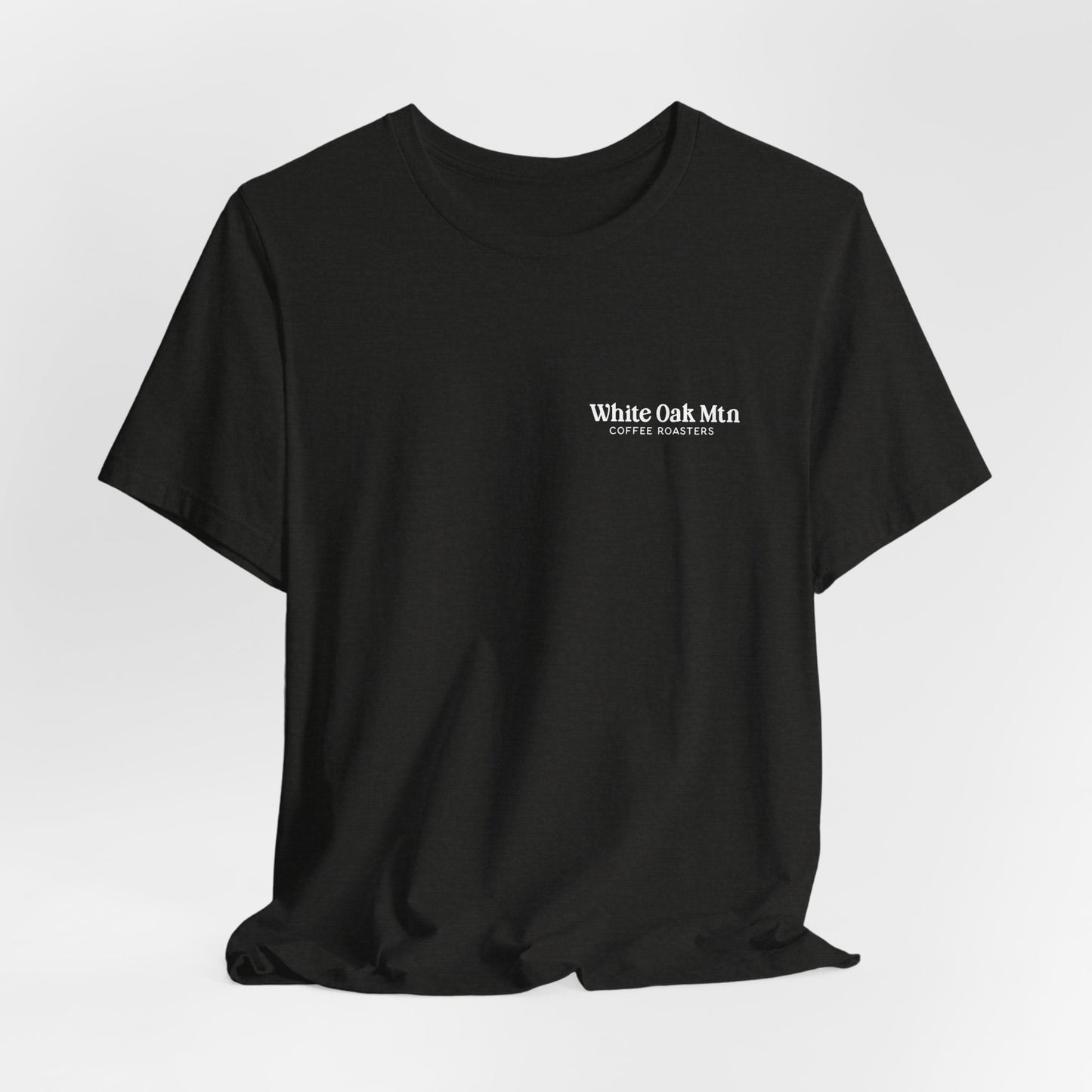 Heather Black Logo Tee Front - White Oak Mountain Coffee Roaster