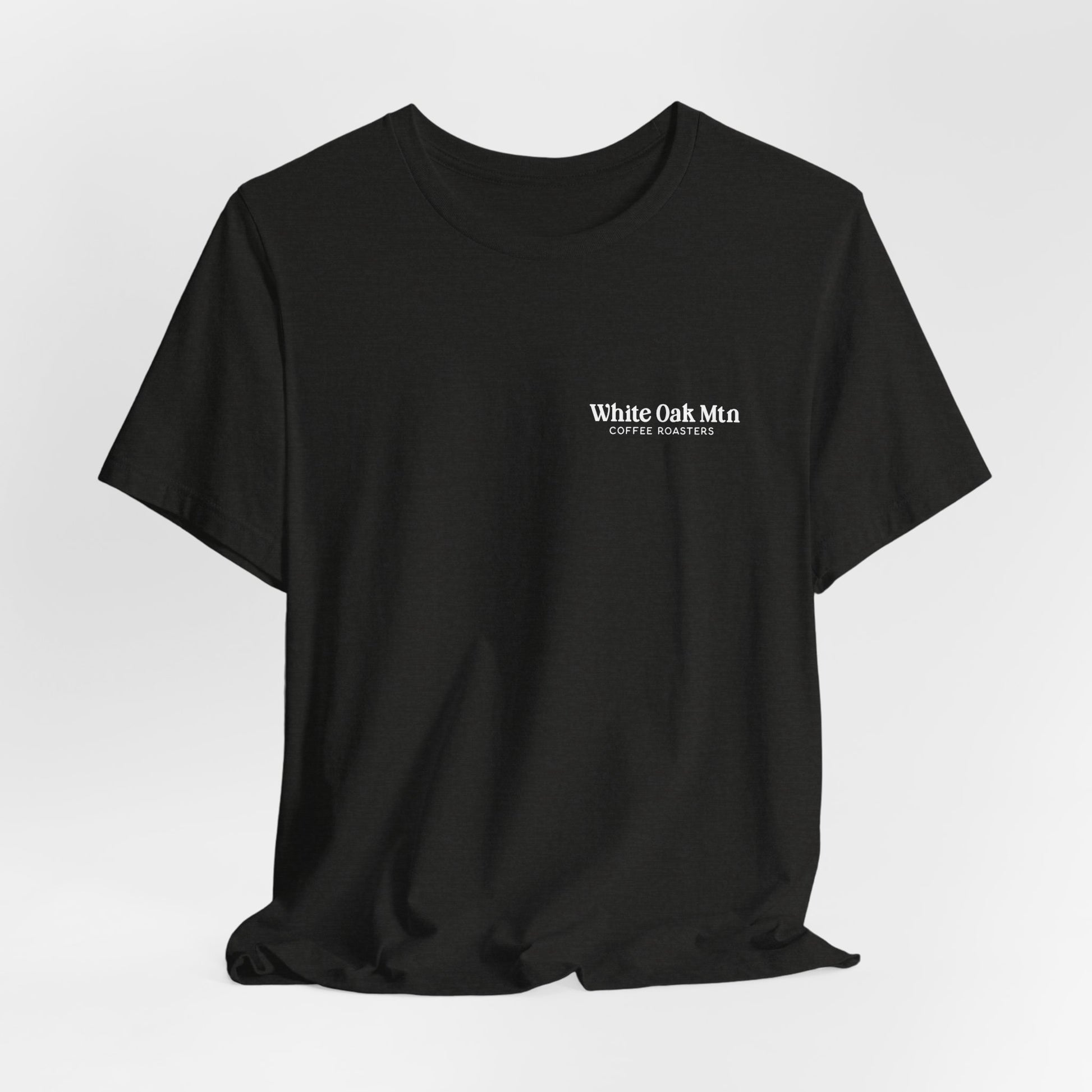 Heather Black Logo Tee Front - White Oak Mountain Coffee Roaster