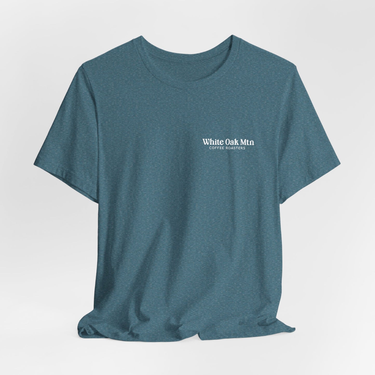 Heather Deep Teal Logo Tee Front - White Oak Mountain Coffee Roaster