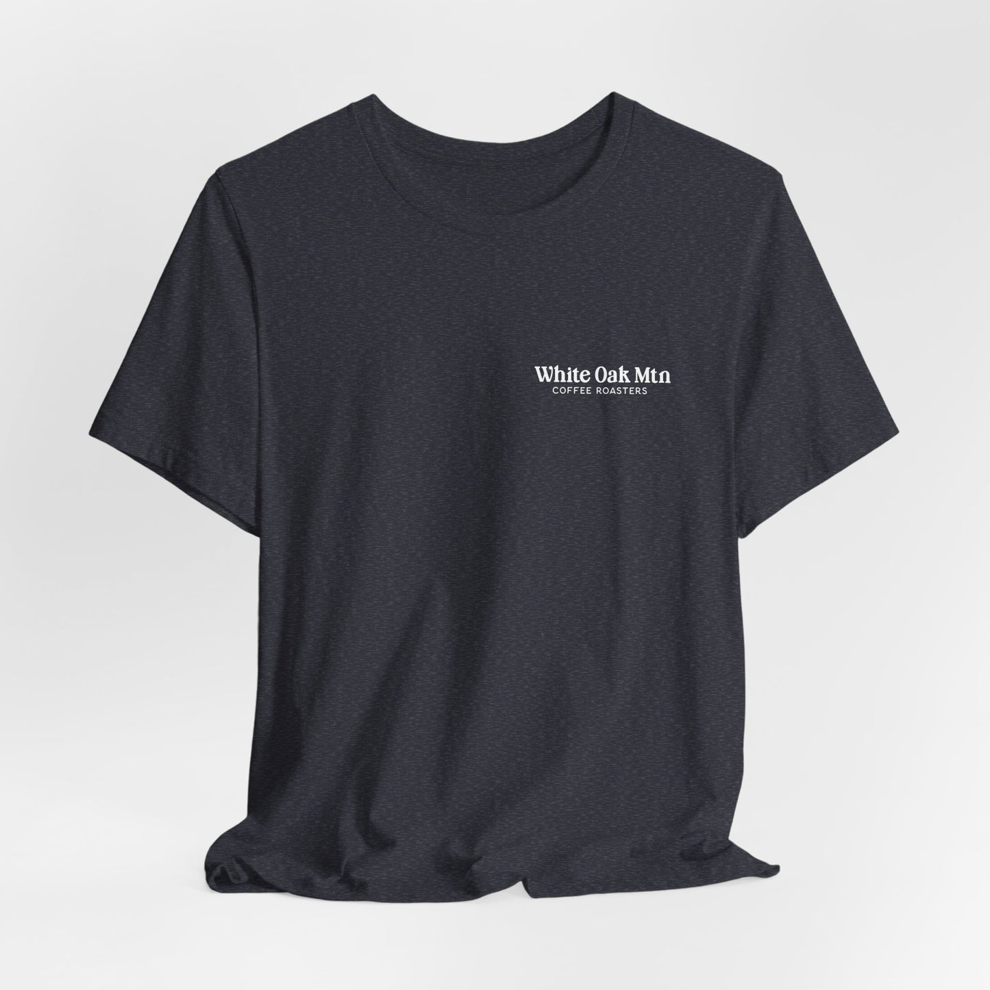 Heather Navy Logo Tee Front - White Oak Mountain Coffee Roaster