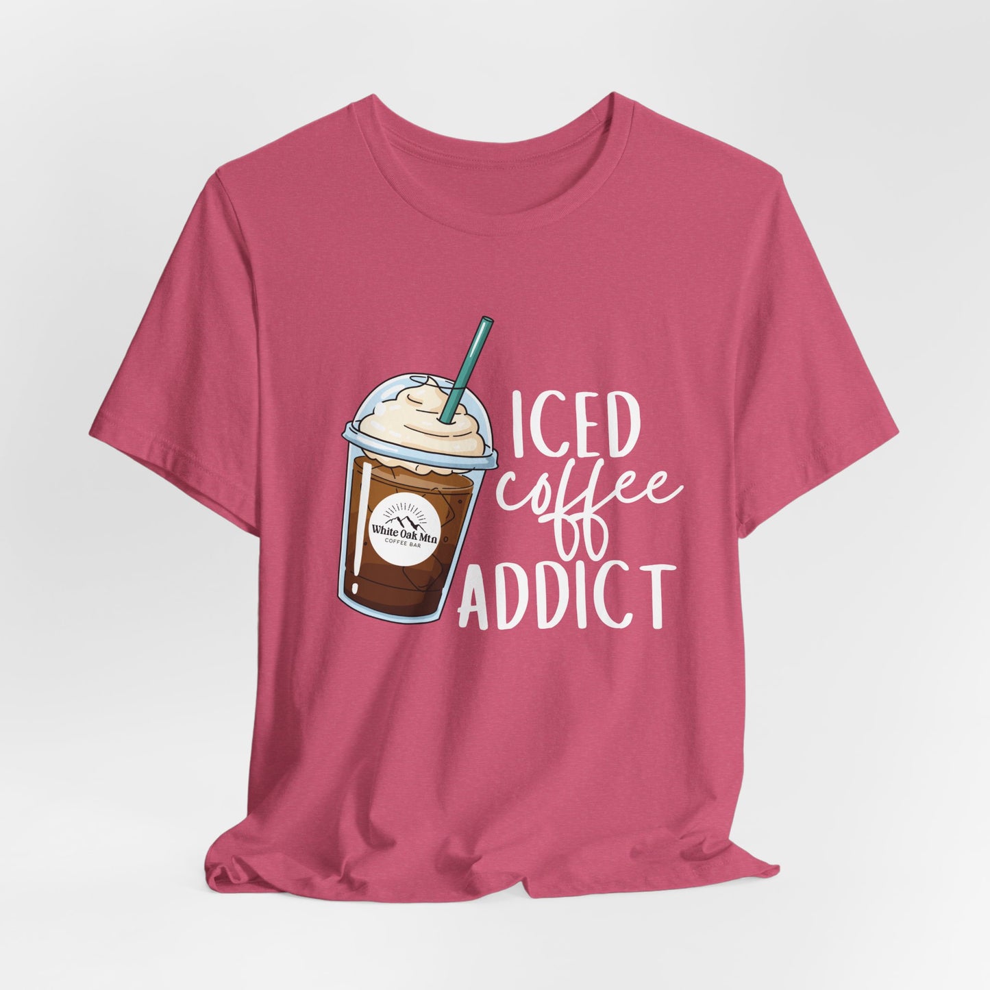 Heather Raspberry Iced Coffee Addict Tee Front - White Oak Mountain Coffee Roaster