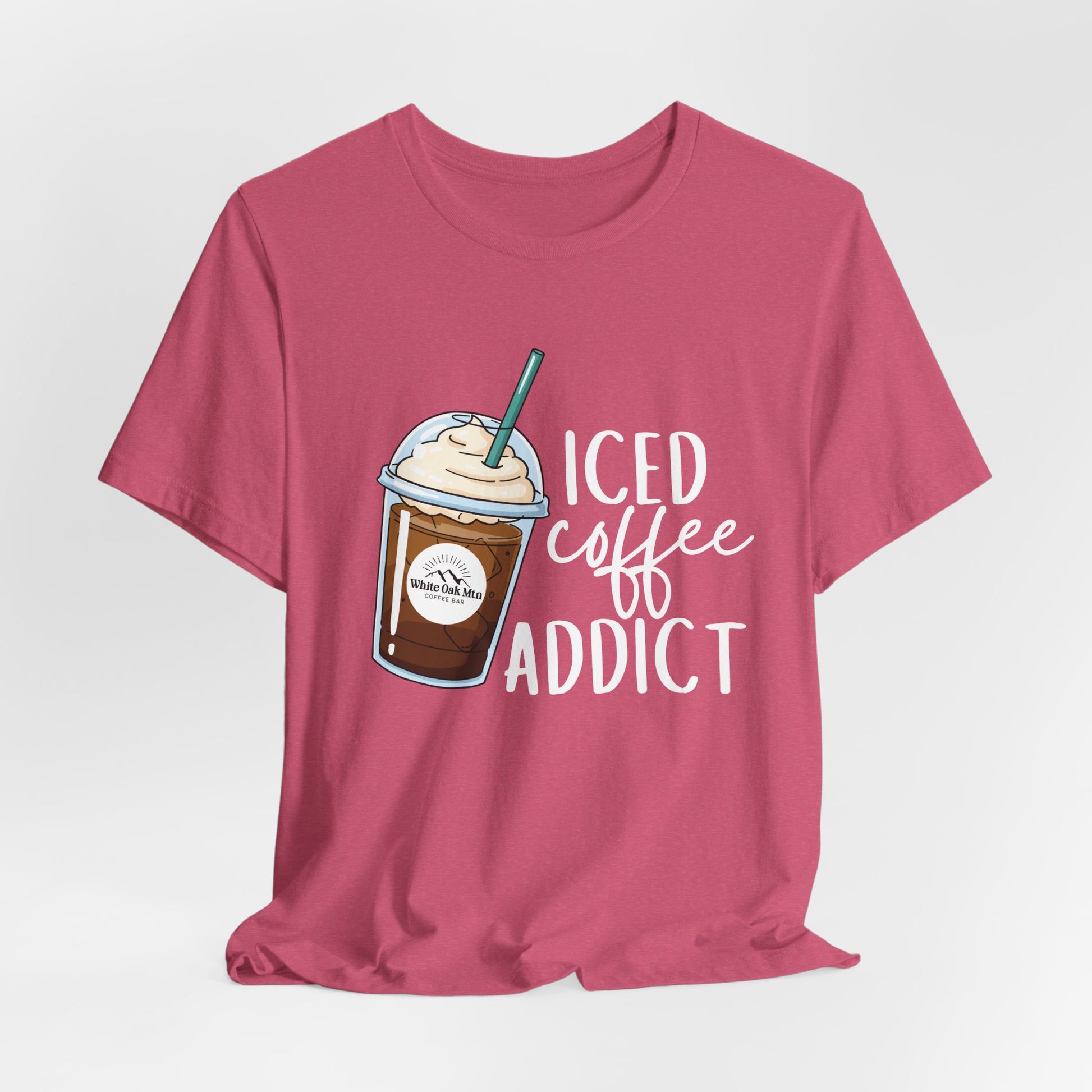 Heather Raspberry Iced Coffee Addict Tee Front - White Oak Mountain Coffee Roaster