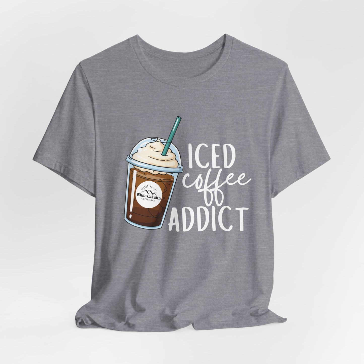 Heather Storm Iced Coffee Addict Tee Front - White Oak Mountain Coffee Roaster