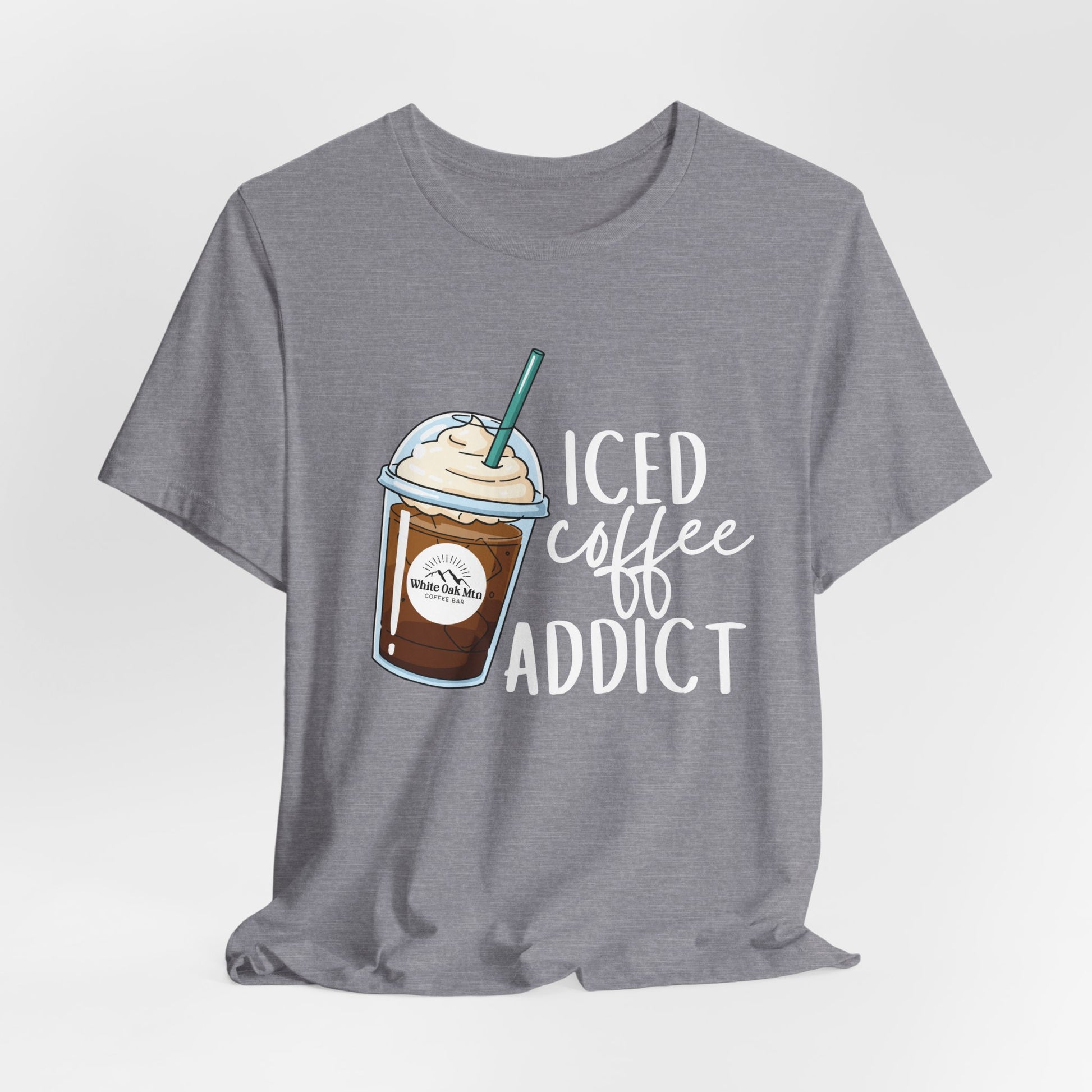 Heather Storm Iced Coffee Addict Tee Front - White Oak Mountain Coffee Roaster