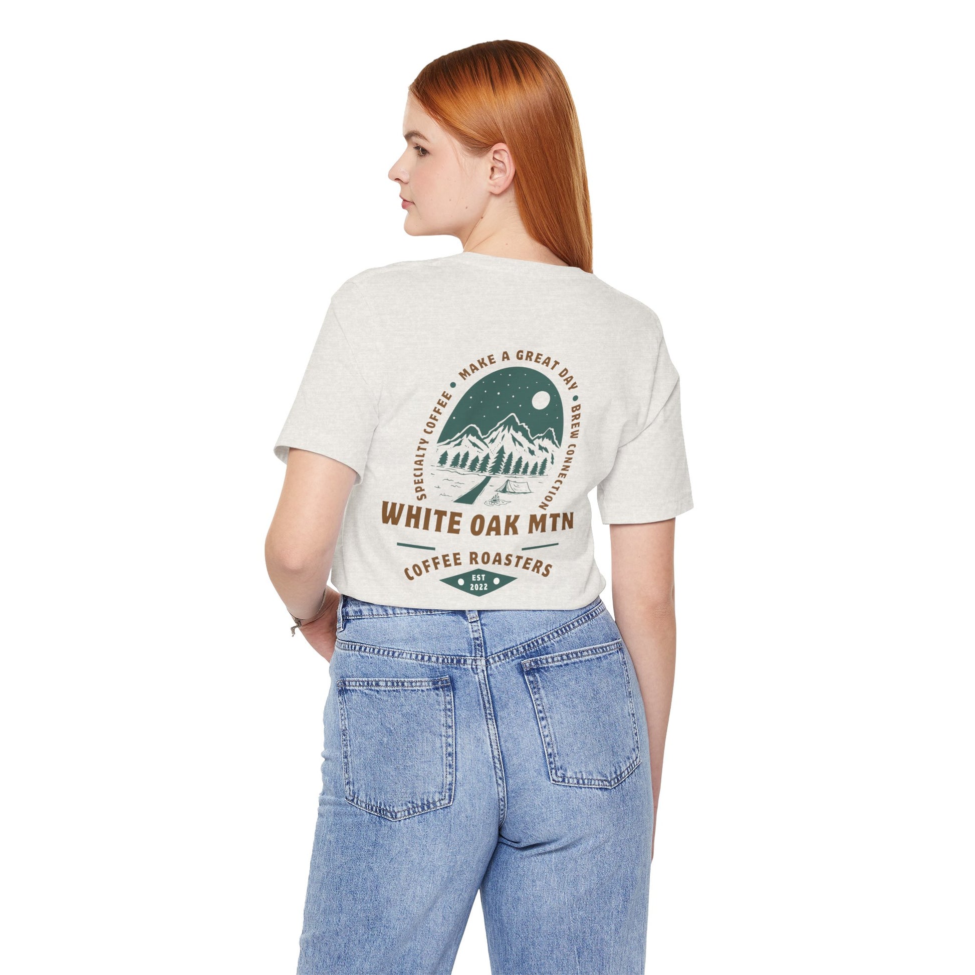 Trailside Campfire Tee Model - White Oak Mountain Coffee Roasters